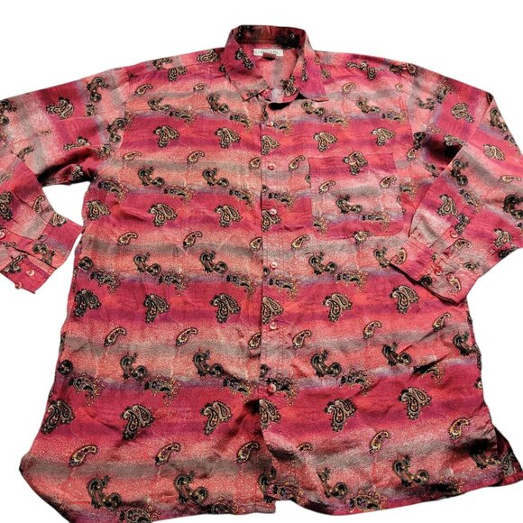 Vintage Bogari Silk Shirt Mens Large Red Black Abstract Paisley Button Up - Picture 1 of 7